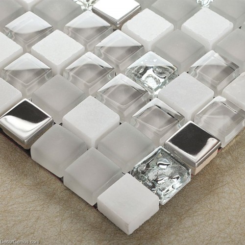 Mirror Stainless Steel Tile Metal Mixed Stone Bathroom Tiles Glass Mosaic 3D Tile