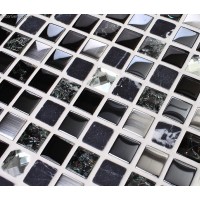 Pure Black Tile Floor Decoration Diamond Carved Crystal Glass Blend Stone Mosaic Tiles Bathroom
